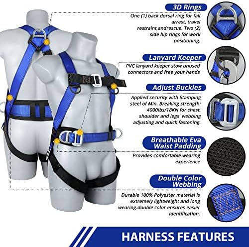 Safety Harness Fall Protection Kit - Full Body Roofing harnesses with Shock Absorbing Lanyard Upgrade Paded