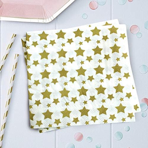 Gold Star Luncheon Napkins Paper Decorative Print 6.5 Inch Napkin Disposable for Lunch Party, Dinner Buffet, Wedding & Birthday Parties & New Years Eve Celebration Decoration 40 Count