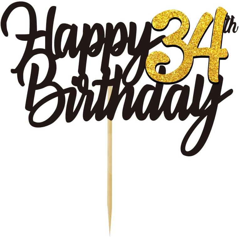 Happy 34th Birthday Cake Toppers Glitter 34th Anniversary Cake Topper 34 Years Loved Bday Decorations 34 Gold Birthday Cake Decorations Thirty-four Party Supplies for Women Men(Black Gold)