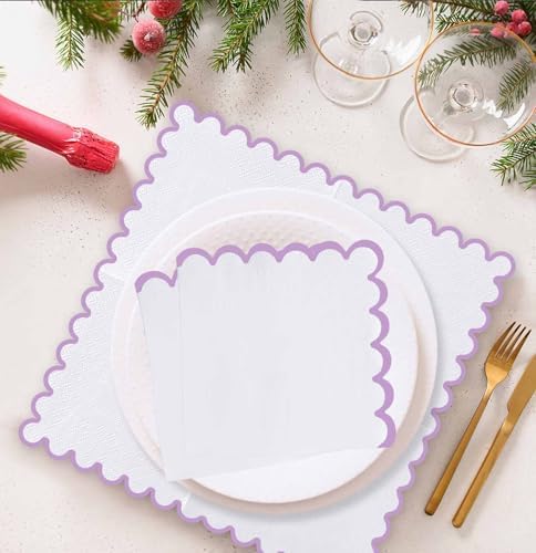 SietDESEO 50 Pieces 3-ply Light Purple Scalloped Napkins Folded 5 x 5 Inches Lavender Disposable Paper Napkin Cocktail Napkins for Dinner Wedding Birthday Party
