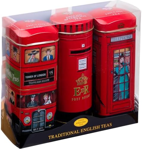 New English Teas British Souvenir 3x Tea Tins with 42 English Breakfast Teabags - Post Box, London Bus, Telephone Box, UK Foods