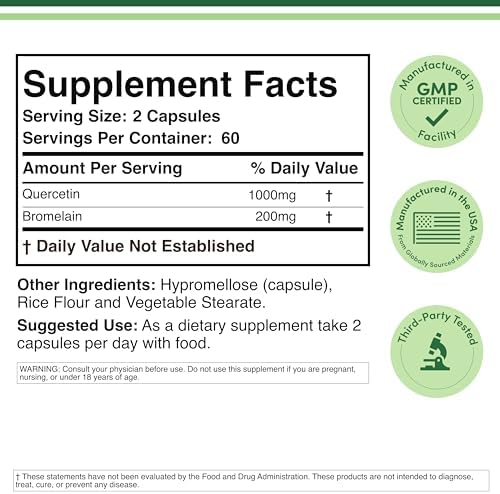 Quercetin with Bromelain - 120 Count (1,200mg Servings) Immune Health Capsules - Supports Healthy Immune Functions in Men and Women (Vegan Safe, Third Party Tested, Gluten Free) by Double Wood