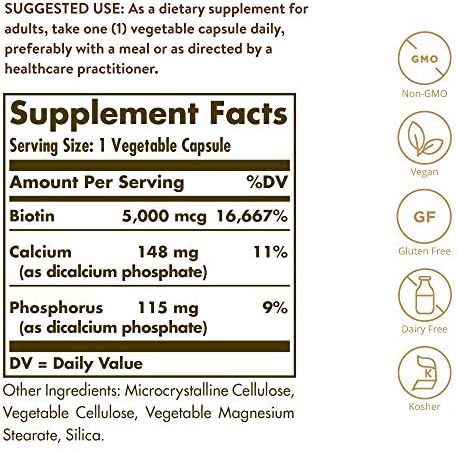 Solgar Biotin 5000 mcg, 100 Veg Caps - Promote Healthy Skin, Nails & Hair - Supports Energy Production, Protein, Carbohydrate & Fat Metabolism - Vitamin B - Non GMO, Vegan, Gluten Free - 100 Servings