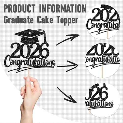 Rsstarxi 1 Pack 2026 Graduation Cake Topper Black Grad Cap Glitter Congrats Grad Cake Pick for Diploma Done Class of 2026 Graduation Party Cake Decorations Supplies