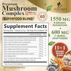 Mushroom Powder Supplement - 11-in-1 Blend - Organic Lions Mane, Reishi, Cordyceps, Chaga, Turkey Tail Mushroom Extract Powder - Brain & Immune Support Mushrooms Powder - Bottled in USA - 60 Servings