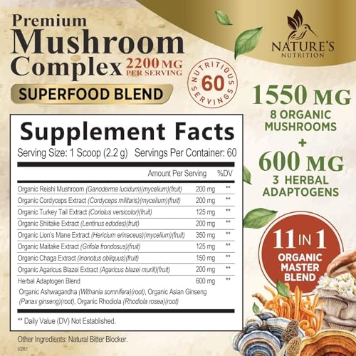 Mushroom Powder Supplement - 11-in-1 Blend - Organic Lions Mane, Reishi, Cordyceps, Chaga, Turkey Tail Mushroom Extract Powder - Brain & Immune Support Mushrooms Powder - Bottled in USA - 60 Servings