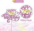Pink Glitter Happy 75th Birthday Cake Topper, 1 x 6.3" x 3.5" Pink Glitter Cardboard & Wooden Stick, Perfect for Birthday & Anniversary Parties