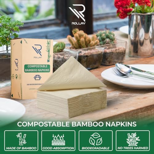 Rollay 300 Bamboo Cocktail Napkins - FSC Certified 2-Ply Compostable Napkins Disposable for Home or Commercial Use - 5x5 inch folded Biodegradable Paper Napkins for Dinner and Party