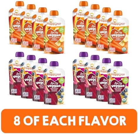 HAPPYTOT Organics Stage 4 Baby Food Pouches, Gluten Free, Vegan Snack, Love My Veggies, Fruit & Veggie Puree, Variety Pack, 4.22 Ounce (Pack of 16), Amazon Exclusive
