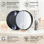 LED Lighted Tweezers & 40X Magnifying Mirror with Suction Cup Set, 2 in 1 Hands-Free Makeup Mirror with Light and Precision Light Up Tweezers
