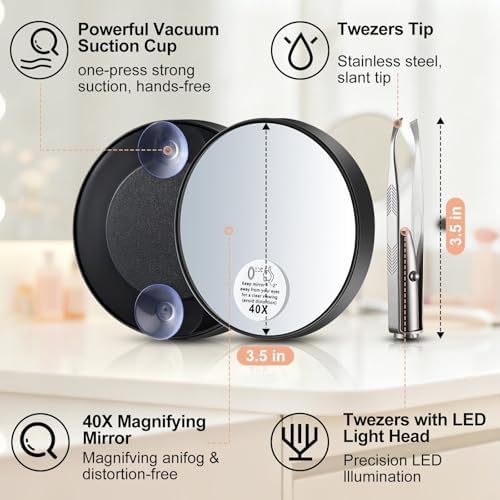 LED Lighted Tweezers & 40X Magnifying Mirror with Suction Cup Set, 2 in 1 Hands-Free Makeup Mirror with Light and Precision Light Up Tweezers