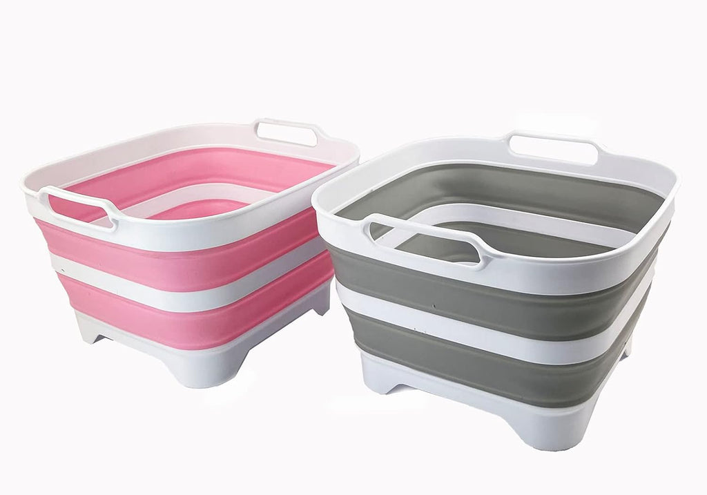 SAMMART 10L (2.64 Gallon) Collapsible Dishpan with Draining Plug - Foldable Washing Basin - Portable Dish Washing Tub - Space Saving Kitchen Storage Tray (Grey + Pink (Set of 2))