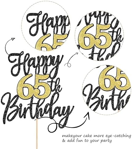 1 PCS Happy 65th Birthday Cake Topper Black Gold Glitter Cheers to 65 Years Birthday Cake Pick 65 Fabulous Cake Decoration for Happy 65th Birthday Anniversary Party Decorations Supplies