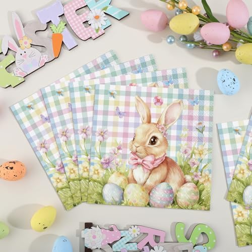 NatNarr 50 Pcs Easter Paper Napkins, 6.5 x 6.5 Inch Cute Bunny Napkins Disposable Pastel Plaid Eggs Easter Cocktail Napkin for Decoupage, Spring Party, Baby Shower