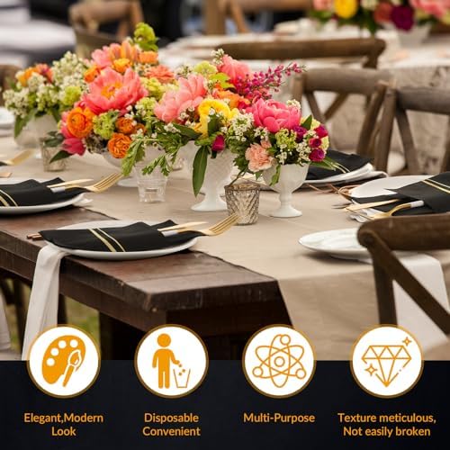 100 Pack Dinner Napkins Disposable Linen Feel Dinner Napkins with Built-in Flatware Pocket Gold Trim Lined Pre Folded Napkins Cloth Like Paper Napkins for Wedding Dinner Party (Black,Gold)