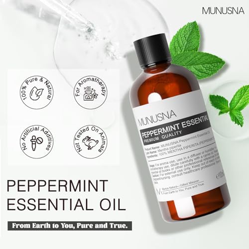 Peppermint Essential Oil, 100% Pure & Natural Peppermint Oil 100ML, Premium Grade Aromatherapy Oil for Skin Body Hair Care, Freshening Air, Mood, Diffuser, Massage, Soap and Candle Making