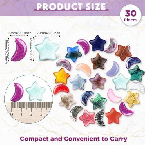 Nuenen 30 Pcs Worry Stones Bulks Moon Star Shaped Crystals Gemstone Star Bulks Palm Moon Hand Carved Thumb Stones for Witchcraft Supplies Valentines Gift DIY Meditation Balancing(Elegant Colors)