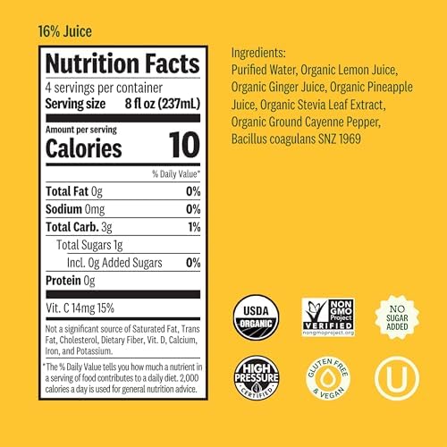 Suja Organic Ginger Love Cold Pressed Juice Drink, Refreshing Ginger Lemonade, excellent source of antioxidant vitamin C, 32 fl oz Bottle