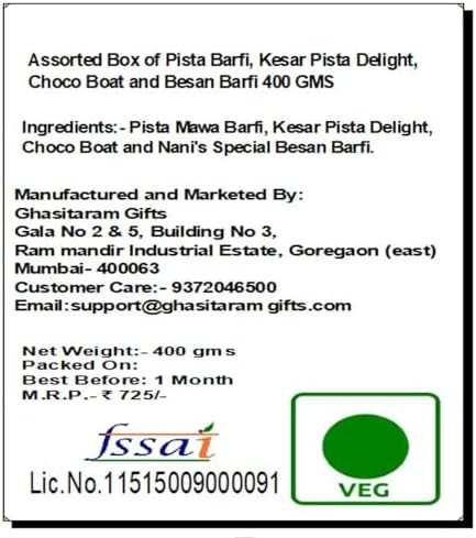 Ghasitaram Gifts Diwali Gifts Sweets- Assorted Box of Pista Barfi, Kesar Pista Delight, Choco Boat and Besan Barfi 400 GMS