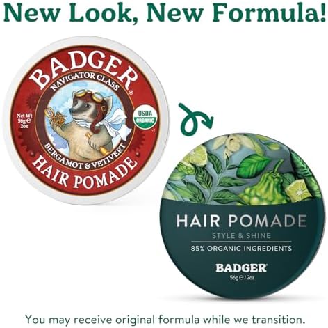 Badger Hair Pomade for Men, Organic, Easy to Use, Subtle Masculine Scent, Medium Hold Hair Pomade with Medium Shine Finish, Nourishes Hair & Scalp 2 oz Tin
