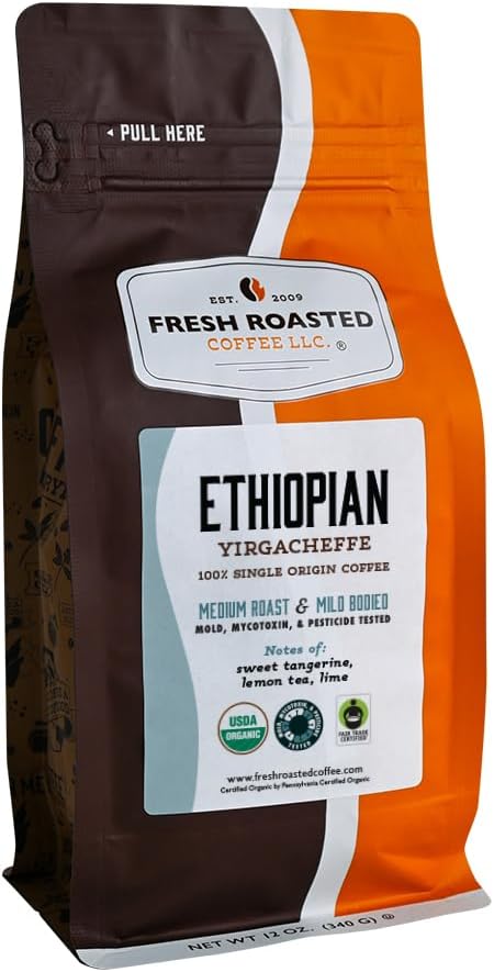 Fresh Roasted Coffee, Organic Ethiopian Yirgacheffe | USDA Organic, Kosher, 3rd Party Tested for Mold, Myco, Pesticides | 12 oz Whole Bean