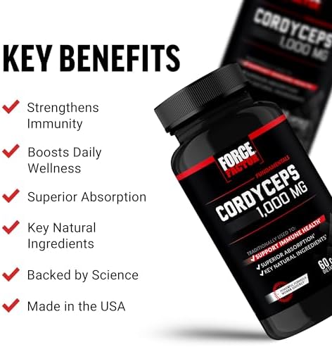 Force Factor Cordyceps Capsules with 1000mg of Cordyceps Sinensis Mushroom Extract, Traditionally Used to Improve Vitality, with BioPerine for Quick Absorption, Key Natural Ingredients, 60 Capsules