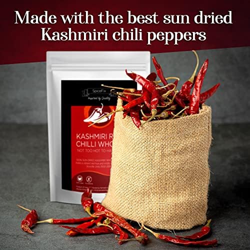 SpiceFix - Whole Kashmiri Red Chilli Pepper, Mild to Medium Heat Natural Stemless Chillies, Sun-Dried Red Pepper, Indian Dried Chili Peppers in a Resealable Bag, 2.6 Ounces