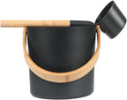 Sauna Bucket and Ladle Set, 7L Aluminum Sauna Bucket with Long Wooden Handle Spoon, Luxury Saunas Accessories Kit for Bathrooms, Saunas & Steam Baths(Black)