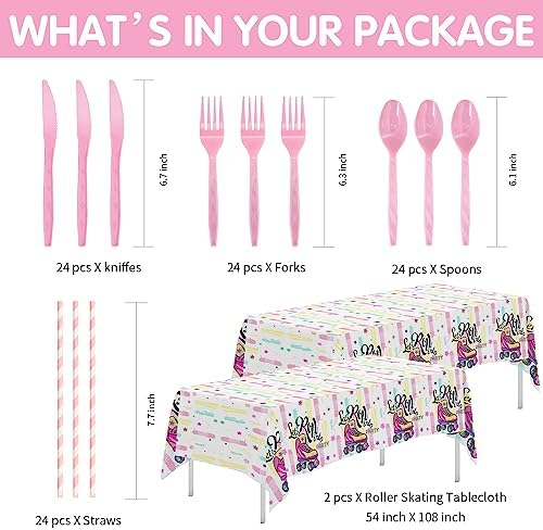 Roller Skating Party Supplies, Roller Skate Party Decorations Tableware, Plate, Cup, Napkin, Tablecloth, Cutlery, Skater Let's Roll Birthday Decorations Dinnerware, Serve 24