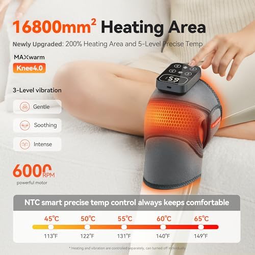 Cordless Knee Massager with Heat Vibration for Pain Relief, MAXwarm 4.0[2026 Upgraded] - Electric Heated Knee Brace with 5 Heat Levels and 3 Massage Mode, Gifts for Men Women (Grey, Single)