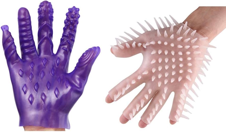 Massage Gloves, 2Pcs Soft Flirting Massage Gloves Men Ribbed Teasing Gloves, Bath Glove Silicone Male Female Massage Tool (Purple A+Transparent A)