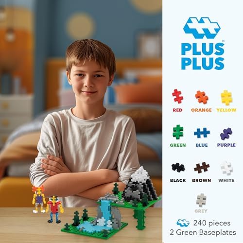 PLUS PLUS 240 Piece Interlocking Building Blocks for Kids, Open Ended Connecting Toys, STEM Bin Mini Manipulatives - Basic Mix Play Tube & Baseplate