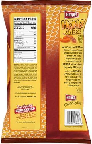 Herr’s Cheese Curls, Honey Cheese Flavored, Gluten Free Snacks, 6oz Bag (6 Count)