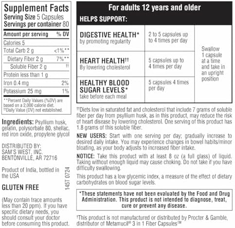 Member's Mark 100% Natural Psyllium Husk Fiber Capsules, Digestive Health, 400 Count (Pack of 1)