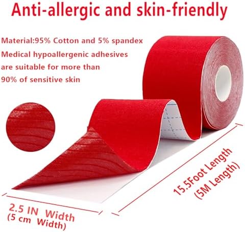 SOON GO Kinesiology Tape, 2IN x 16.4FT Uncut Athletic Tape, Waterproof Breathable Latex-Free, Muscle Recovery & Joint Support,Red (1/2/5 Rolls)
