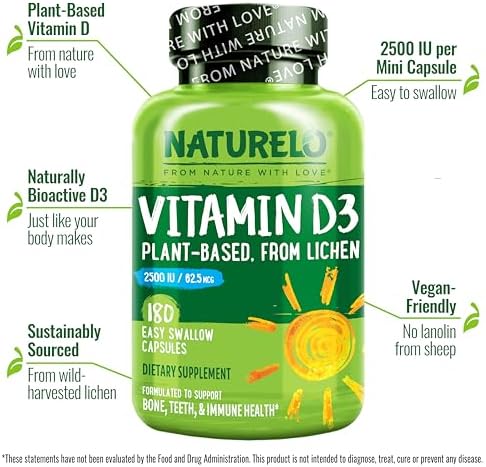 NATURELO Vitamin D - 2500 IU - Plant Based from Lichen - Natural D3 Supplement for Immune System, Bone Support, Joint Health - Vegan - Non-GMO - Gluten Free - 180 Capsules