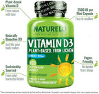 NATURELO Vitamin D - 2500 IU - Plant Based from Lichen - Natural D3 Supplement for Immune System, Bone Support, Joint Health - Vegan - Non-GMO - Gluten Free - 180 Capsules