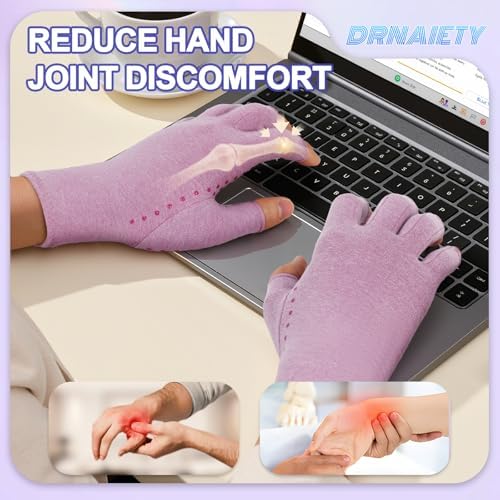 DRNAIETY 2-Pair Arthritis Compression Gloves- for Hand Arthritis, Carpal Tunnel Pain, Rheumatoid Arthritis, RSI, Fingerless, Anti-Slip, Breathable Gloves for Men & Women, Typing, Daily Use(L Purple)