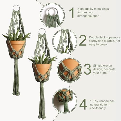 Artilady Macrame Hanging Planter for Indoor Plants, Boho Woven Plant Hanger Large Hanging Flower Pot Holders Outdoor Baskets Storage Green Wall Decor (Olive Green-2pcs)