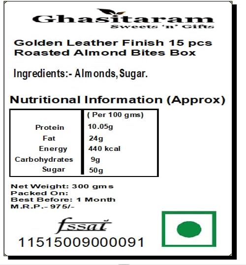 Ghasitaram Gifts Diwali Gifts Sweets- Golden Leather Finish 15 pcs Roasted Almond Bites Box