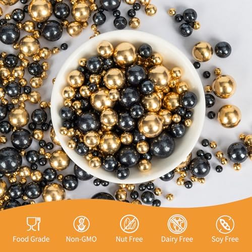 Edible Pearl Sprinkles for Cake Decorating,130g Black and Gold Candy Sprinkle Mixing Size,Baking Pearls Cake Cupcake Toppers,Cookie Donuts Ice Cream Decorations,Wedding Birthday Party Supplies