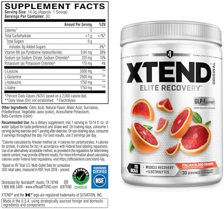 Xtend Original BCAA Powder, 7g BCAAs and 2.5g L-Glutamine for Muscle Recovery Hydration and Lean Muscle, Sugar Free Intra and Post Workout Drink with Electrolytes, Italian Blood Orange, 30 Servings
