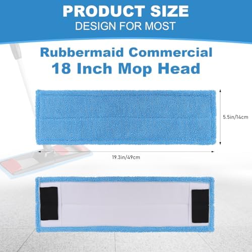 Replacement Flat Mop Pads Fit for Rubbermaid Commercial 18 Inch Adaptable Mops - 6 Pack Wet & Dry Microfiber Professional Cleaners Reusable Refills for Light-Duty Floor Cleaning- Blue