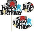 1Pc Hockey Happy Birthday Cake Topper Glitter Ice Hockey Player Sports Theme Cake Pick Decorations for Hockey Theme Baby Shower Boys Girls Birthday Party Supplies Black