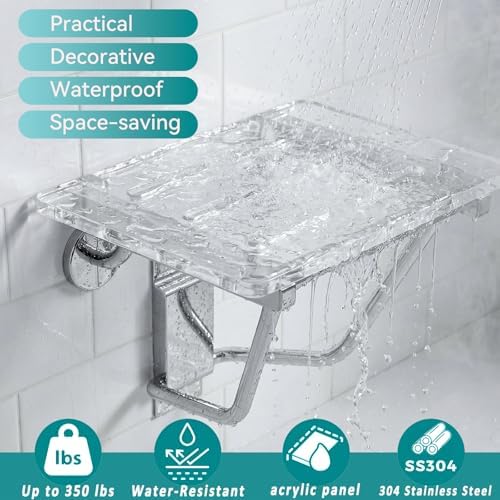 Folding Shower Seat Wall Mounted 350 lbs Capacity Heavy Duty Acrylic Shower Bench with Stainless Steel Bracket, Fold Down Bath Seat for Elderly, Disabled, Adults Space-Saving Transparent