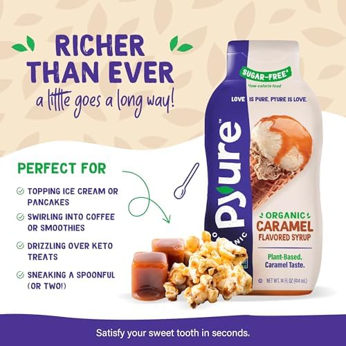 Pyure Organic Caramel Dessert Syrup | Sugar-Free Caramel Topping for Keto Ice Cream, Pancakes, Low Carb Sweets | 1g Net Carb, Gluten-Free, Vegan, Non-GMO, Plant-Based, Diabetic Friendly | 14 oz