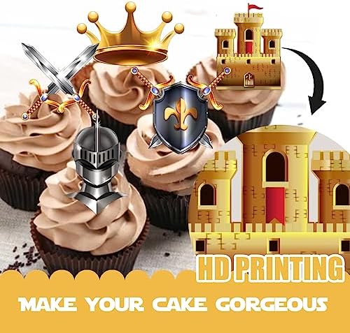 18pcs Gold Glitter Dessert Cupcake Topper Medieval Knights Theme Decorations Men Boys Happy Birthday Party Decor Supplies