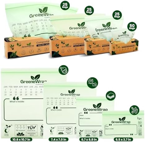 Compostable Snack Size Zip Bags 50 Count Extra Thick 2 mil Resealable, Leak-Proof, Freezer Safe Disposable Food Storage Bags, BPI and OK Compost Home Certified, ASTM D6400