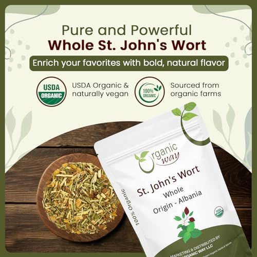 Organic Way St. John's Wort Whole (Hypericum perforatum) - Herbal Tea | European Wild-Harvest | Organic, Kosher & USDA Certified | Vegan, Non GMO & Gluten Free | Origin - Albania (1LBS / 16Oz)