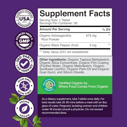 High Strength Organic Ashwagandha Supplements - Ashwagandha Organic Tablets for Mood Support & Hormone Balance for Women & Men - Root Extract Powder with Black Pepper for Better Absorption - 30 Ct